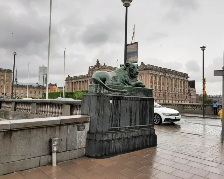 Lion sculptures guard the Norrbro Bridge